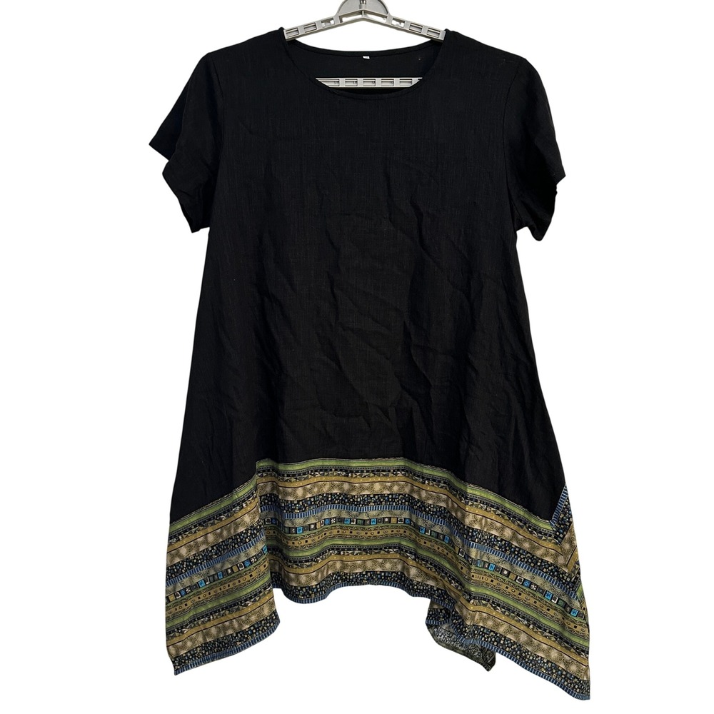 Minibee Lagenlook Dress Midi Linen Cotton Womens XXL Black Boho Tribal Ethnic